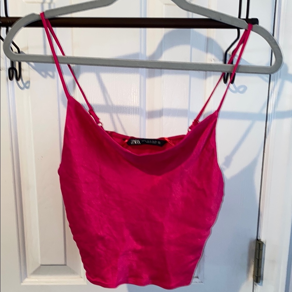 Zara sexy pink satin draped scoop neck tank top, sz. S, preowned